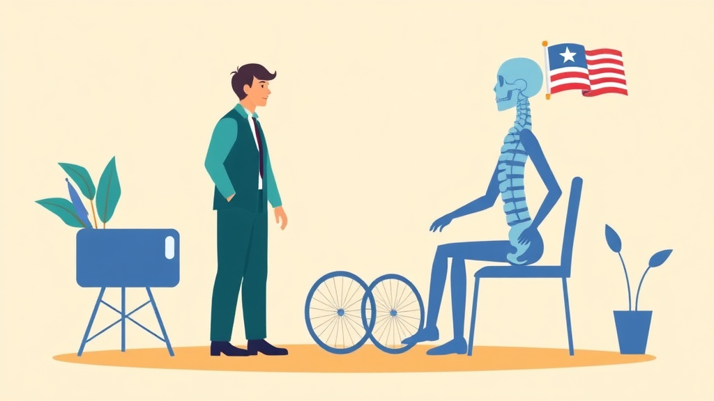 Illustration showing key concepts related to va disability for ankylosing spondylitis: rating criteria, evidence, and claim strategy