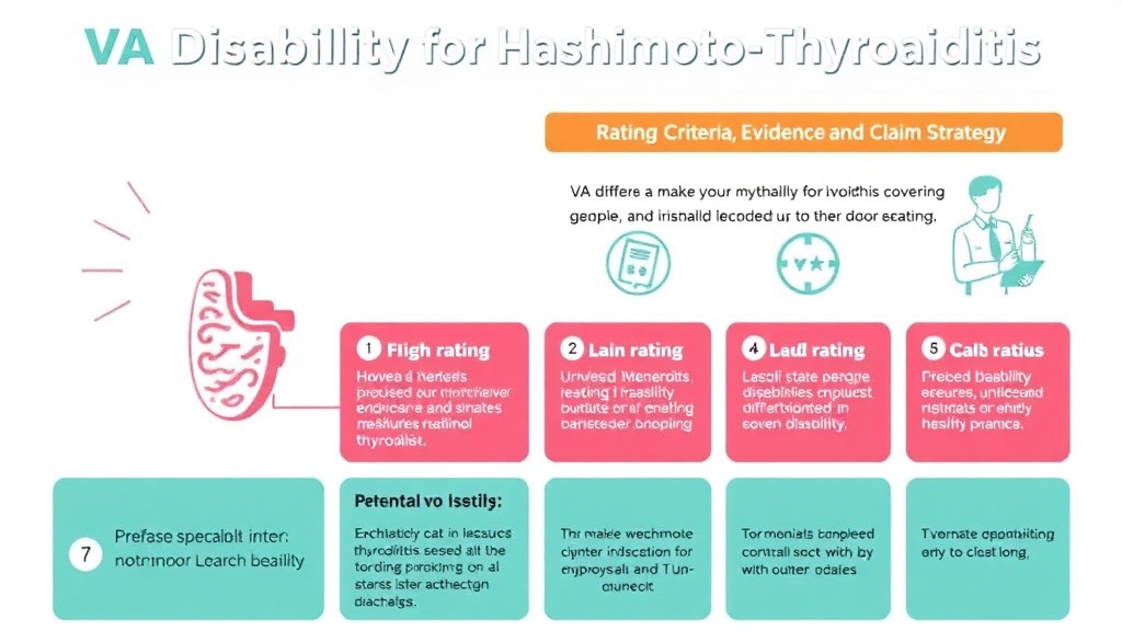 Process flow illustration for putting VA Disability for Hashimoto Thyroiditis: Rating Criteria, Evidence, and Claim Strategy into action