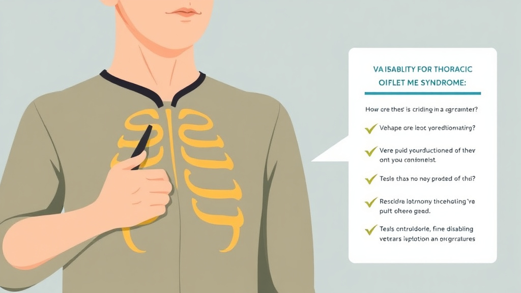 Illustration showing key concepts related to va disability for thoracic outlet syndrome: rating criteria, evidence, and claim strategy