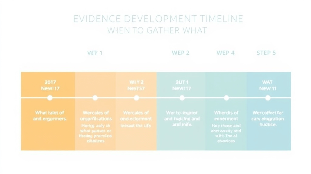 Visual guide for practical steps in evidence development timeline: when to gather what