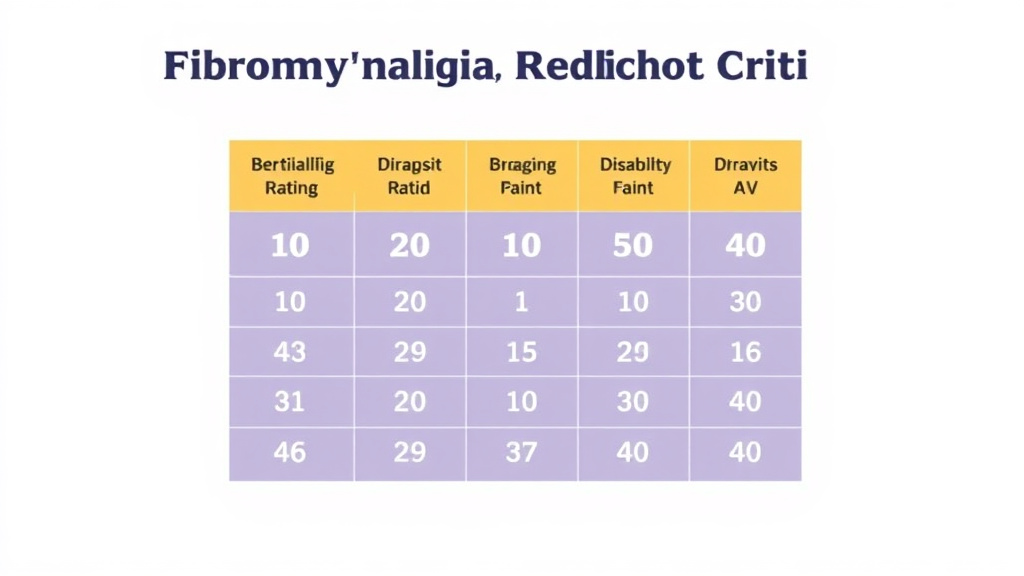 Illustration showing key concepts related to fibromyalgia rating criteria: 10%, 20%, and 40%
