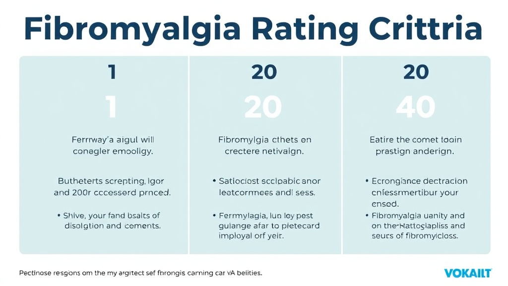 Visual guide for practical steps in fibromyalgia rating criteria: 10%, 20%, and 40%