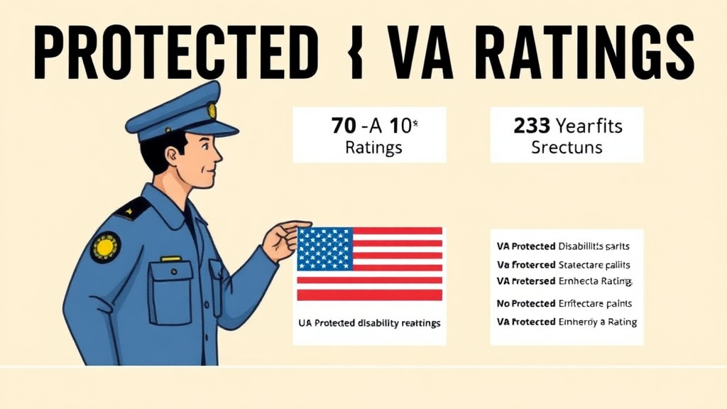 Visual overview of protected VA Ratings: 5, 10, and 20-Year Rules with key concepts highlighted