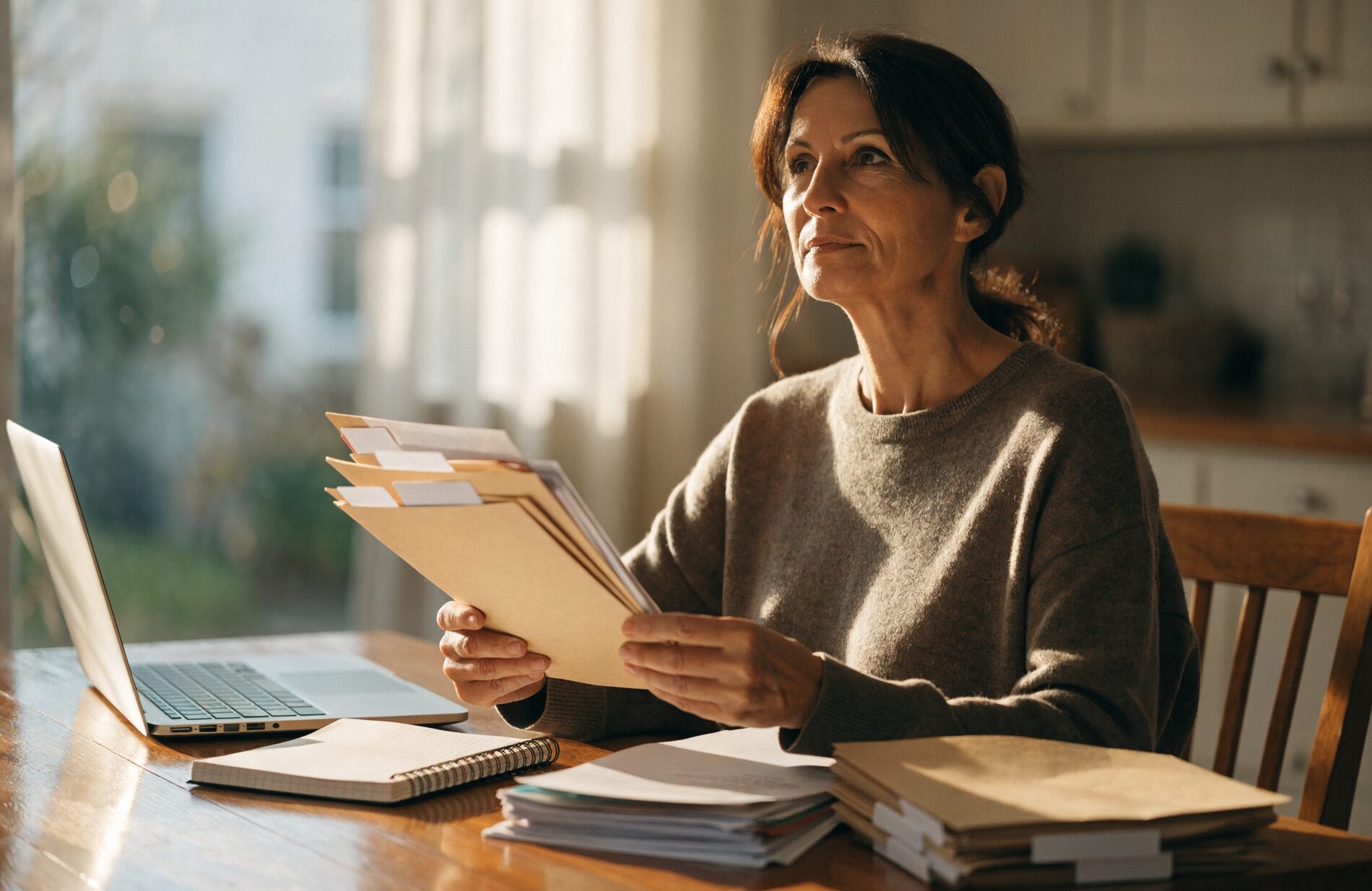 A veteran calmly organizing service and medical records into labeled folders at a sunlit kitchen table at home