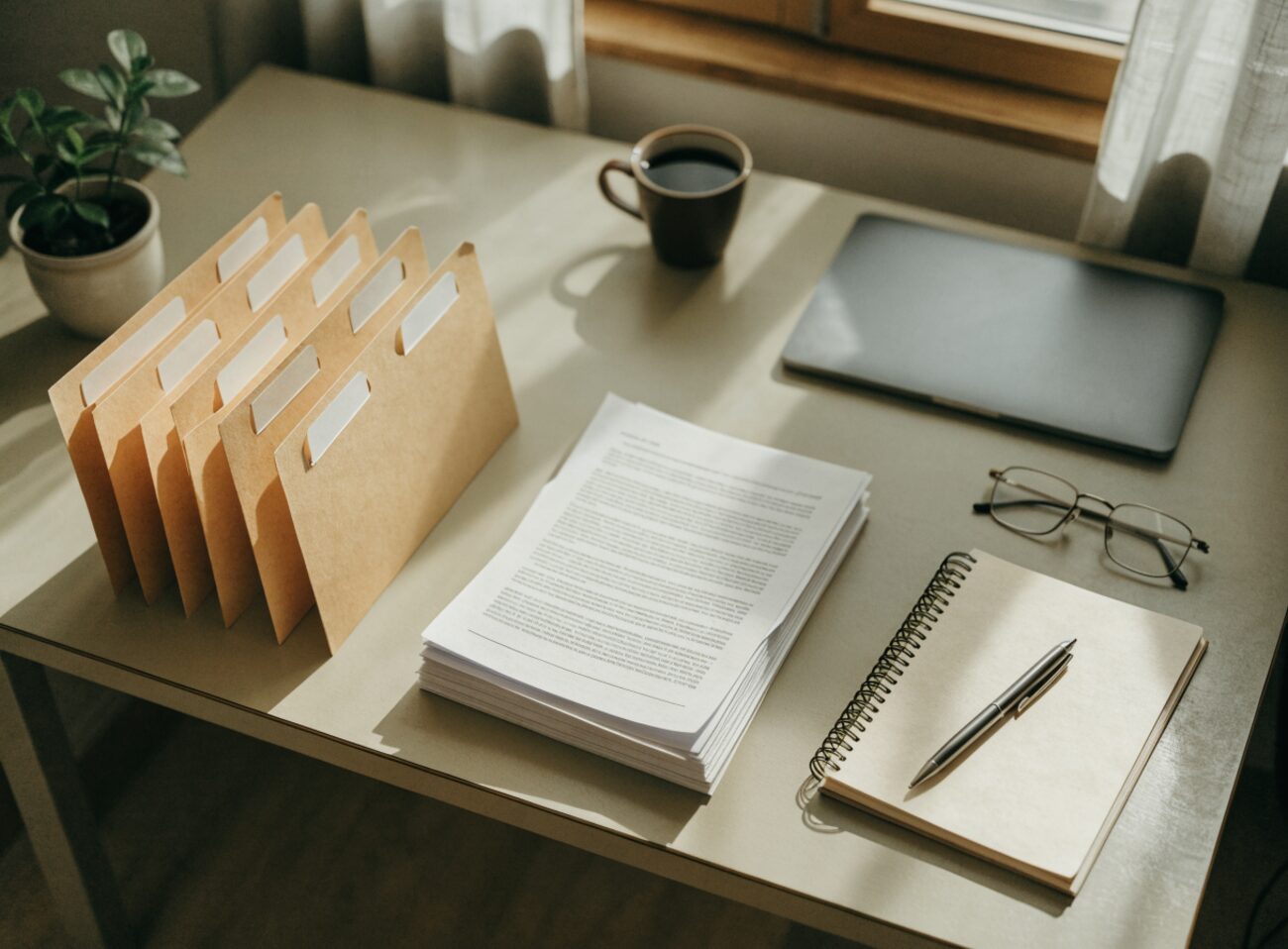 An organized desk of labeled folders, documents, a notebook, and reading glasses ready for a VA claim